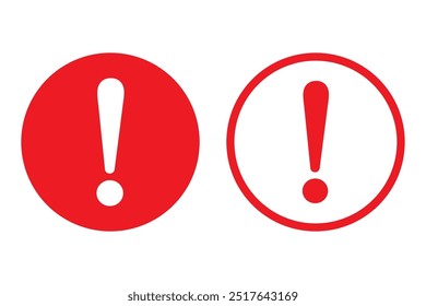 Sinal de aviso de perigo de atenção com ponto de exclamação num círculo vermelho. Perigo, ilustração Vetor. Ícone de Atenção. Sinal de perigo redondo design plano. Ícone de erro de cuidado.