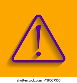 Hazard warning attention sign with exclamation mark symbol. Violet icon with shadow on orange background.