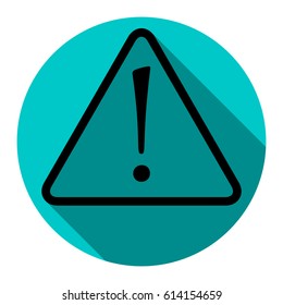 Hazard warning attention sign with exclamation mark symbol. Vector. Flat black icon with flat shadow on sky circle with white background. Isolated.