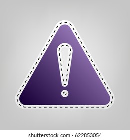 Hazard warning attention sign. Exclamation mark symbol. Vector. Violet icon with outline for cutting out at gray background.