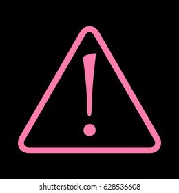 Hazard warning attention sign with exclamation mark symbol. Vector. Pink icon on black background.