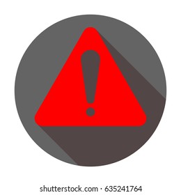 Hazard warning attention sign. Exclamation mark symbol. Vector. Red icon with reddish shadow on dark gray circle at white background. Isolated.
