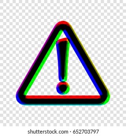 Hazard warning attention sign with exclamation mark symbol. Vector. Black icon with red-green-blue contours on transparent background.