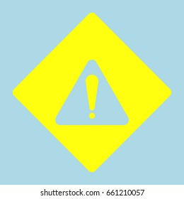 Hazard warning attention sign. Exclamation mark symbol. Vector. Yellow romb with hole as icon on lightblue background.