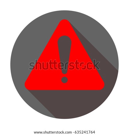 Hazard warning attention sign. Exclamation mark symbol. Vector. Red icon with reddish shadow on dark gray circle at white background. Isolated.