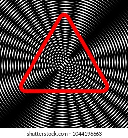 Hazard warning attention sign. Vector. Red icon on white and black radial interference as background.