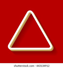 Hazard warning attention sign. White button icon with wood color and shadow on dark red background.