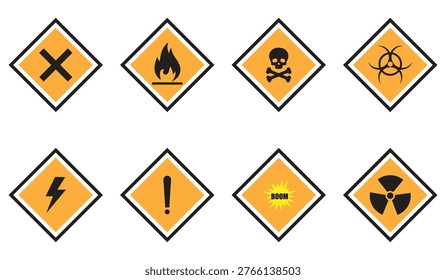 Hazard Warning Icon Set – Radiation, Skull, Electric, Fire and Explosion Danger Symbols Vector