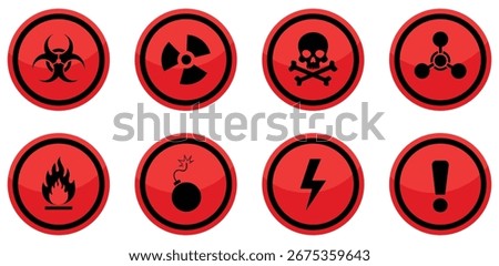 Hazard warning icons set with biohazard, radiation, toxic, fire, bomb, lightning, and alert symbols for safety signs.