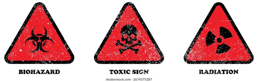 Hazard warning icons set showing radiation, biohazard, and toxic symbols for safety signs, labels, manuals, and industrial use.
