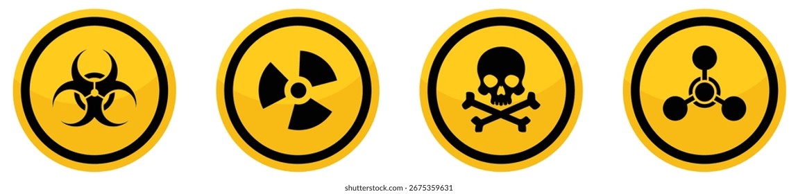Peligro biológico, radiación, signo tóxico, icono de peligro químico aislado establecido en color amarillo y negro.  Establezca signos de peligro de Vector amarillo. Señal de advertencia sobre fondo blanco.  Ilustración vectorial