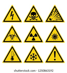 Hazard warning set triangular yellow signs. Isolated yellow triangular symbols on white background. Vector illustration.