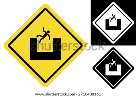 Hazard warning sign depicting a human figure falling into an open pit, symbolizing immediate danger and the risk of accidents or injury