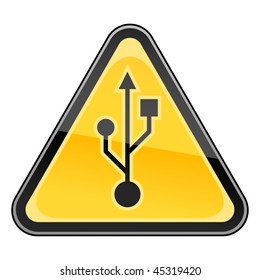 Hazard warning sign with usb symbol on a white background