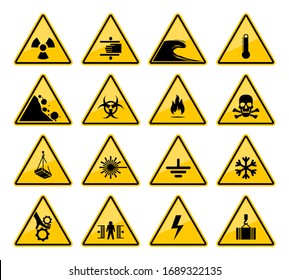 Hazard warning sign vector icons of danger caution and safety attention. Isolated yellow triangles with risk of toxic, flammable and high voltage, biohazard, radiation, laser, crushing and temperature