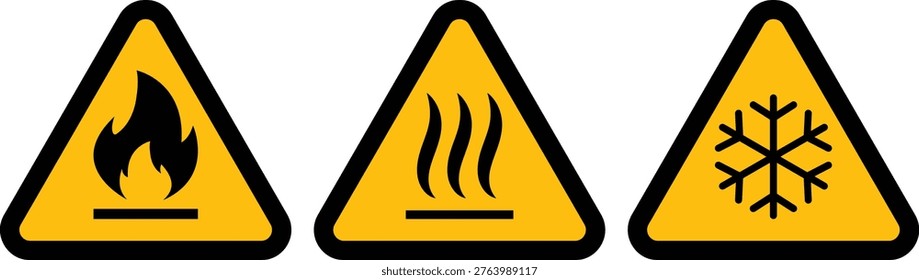 Hazard warning signs: flammable material, fire heat wave hazard, cold temperature industrial safety symbol