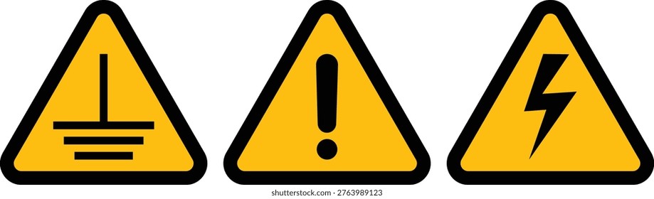 Hazard warning signs: lightning high voltage warning, general caution sign, electrical grounding hazard industrial safety symbol