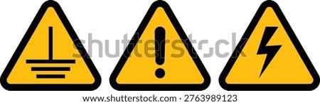 Hazard warning signs: lightning high voltage warning, general caution sign, electrical grounding hazard industrial safety symbol