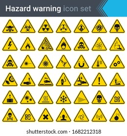 Hazard warning signs. Set of signs warning about danger. 42 high quality hazard symbols and elements. Danger icons. Vector illustration.