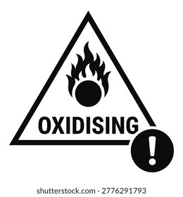 Hazard warning symbol for oxidising materials with flames and exclamation mark graphic icon