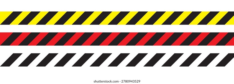 Hazard Warning Tape Set, Yellow Black and Red Safety Stripes, Caution Barricade Seamless Vector Illustration, Construction Safety Ribbon Background
