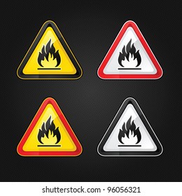 Hazard warning triangle highly flammable warning set sign on a metal surface