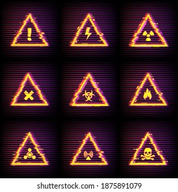 Hazard warning vector signs with digital glitch and pixel noise effect. Danger caution or safety attention yellow triangles with high voltage, flammable, toxic, biohazard, radioactive, chemical hazard