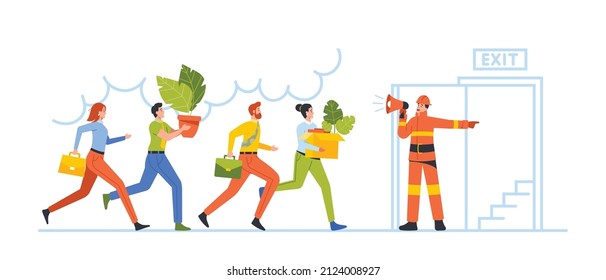 Hazard at Workplace. Fireman with Megaphone Announce Fire Emergency Evacuation Alarm. Alert Building Occupant Characters Escape Office in Life-threatening Situation. Cartoon People Vector Illustration