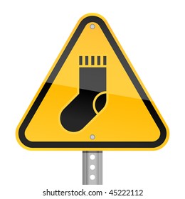 Hazard yellow road warning sign with black sock symbol on a white background