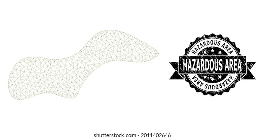 Hazardous Area scratched stamp seal and vector spot mesh model. Black stamp seal includes Hazardous Area tag inside ribbon and rosette. Abstract flat mesh spot, built from flat mesh.