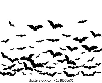 Hazardous black bats flock isolated on white vector Halloween background. Flying fox night creatures illustration. Silhouettes of flying bats vampire Halloween symbols on white.