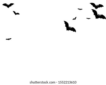 Hazardous black bats flock isolated on white vector Halloween background. Flittermouse night creatures illustration. Silhouettes of flying bats vampire Halloween symbols on white.