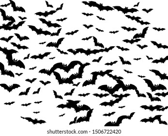 Hazardous black bats group isolated on white vector Halloween background. Rearmouse night creatures illustration. Silhouettes of flying bats vampire Halloween symbols on white.