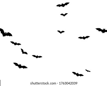 Hazardous black bats group isolated on white vector Halloween background. Flying fox night creatures illustration. Silhouettes of flying bats vampire Halloween symbols on white.