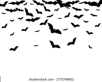 Hazardous black bats group isolated on white vector Halloween background. Rearmouse night creatures illustration. Silhouettes of flying bats traditional Halloween symbols on white.