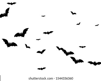 Hazardous black bats swarm isolated on white vector Halloween background. Rearmouse night creatures illustration. Silhouettes of flying bats traditional Halloween symbols on white.