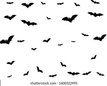 Hazardous black bats swarm isolated on white vector Halloween background. Flittermouse night creatures illustration. Silhouettes of flying bats vampire Halloween symbols on white.