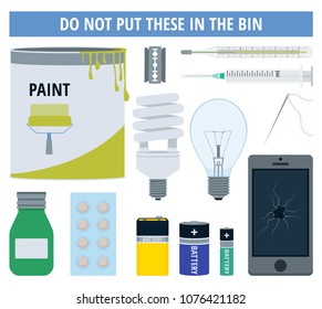 Hazardous or dangerous waste objects that to be collected in special recycling centers. Vector illustration