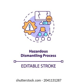 Hazardous dismantling process concept icon. E-waste management challenge idea thin line illustration. Dangerous material extraction. Vector isolated outline RGB color drawing. Editable stroke