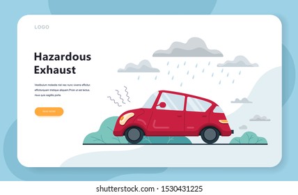 Hazardous exhaust gases from the car web banner. Idea of air pollution and urban smog. Isolated vector illustration in flat style