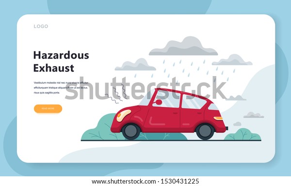 Hazardous exhaust gases from the car web banner.
Idea of air pollution and urban smog. Isolated vector illustration
in flat style