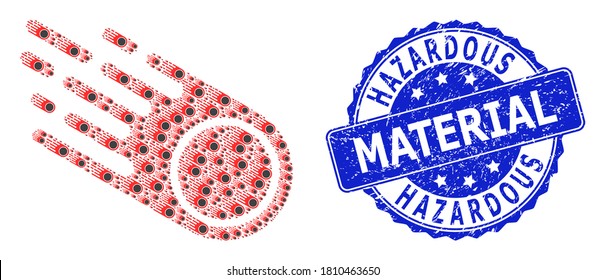 Hazardous Material scratched round stamp seal and vector recursive collage falling meteorite. Blue stamp seal has Hazardous Material title inside round shape.