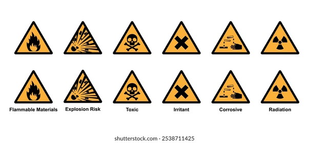 Hazardous materials flat icon. Hazmat isolated placard, icons of flammable, explosive, toxic, irritating, corrosive, and radiation materials, warning labels vector illustration in transparent.