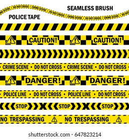 Hazardous and radioactive restricted area tape, black and yellow caution stripe. Seamless pattern vector brush. Easily editable. Perimeter working zone ribbon.