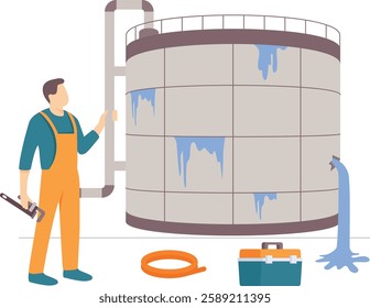 Hazardous Situation at Oil Refinery Storage Tank Needed Urgent Repair Concept, Engineer looking Multiple leaks vector design plumbing worker banner Handyman Service scene, HVAC technician illustration