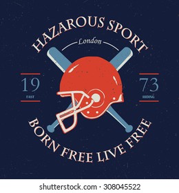 Hazardous sport label with hand drawn baseball helmet and bats at the centre with dusty background