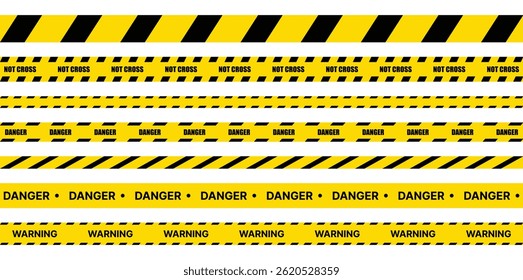 Hazardous warning tape sets. Warning caution sign. Black and yellow line. Construction border.	