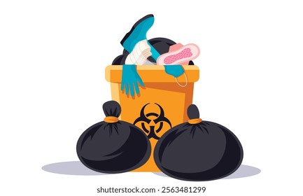 Hazardous waste in dustbin with used dressing and menstrual pad of clinical waste and hazardous waste of infectious medical garbage storing bin. Medical waste in black polythene with medical equipment