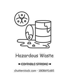 Hazardous waste icon. Toxic or radioactive liquids barrels linear pictogram. Concept of environmental safety and responsible nuclear material storage. Editable stroke vector illustration