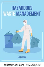 Hazardous Waste Management Poster Flat Vector Template. Toxic Products Disposal From Health Facilities. Brochure, Booklet One Page Concept Design With Cartoon Characters. COVID-19 Waste Flyer, Leaflet